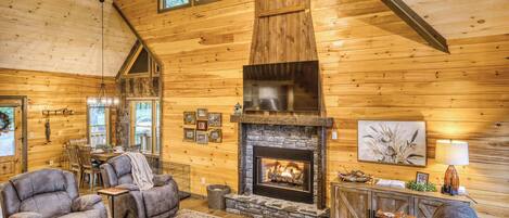 Fernseher, Kamin, Bücher, Arbeitsbereiche