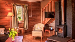 A cozy cabin interior with wooden walls, a fireplace, a television, and a comfortable seating area. - The New Farmhouse (Biggar)