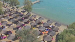 A coastal view with clear water, a beach with umbrellas, and boats in the distance. - Studio Apartment "Livadia Seaside 6" near Beach with Shared Terraces & Wi-Fi (Paros)