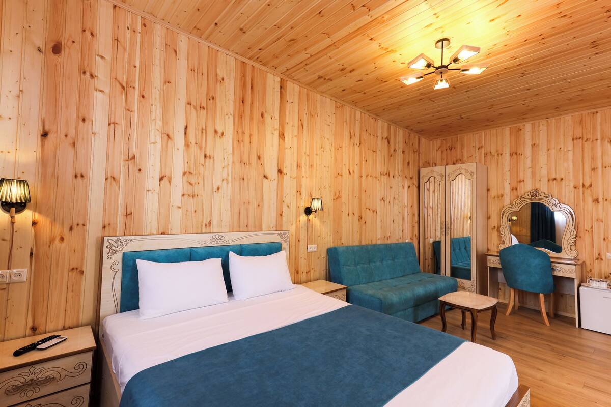 Ein Zimmer mit Holzwänden, einem Bett, einem Schlafsofa, einem Schreibtisch und einem Sessel.