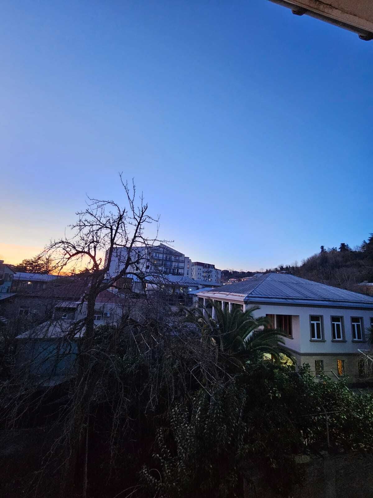 Zona residencial amb edificis i arbres al capvespre.