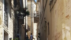 Un estrecho callejón con escalones de piedra que conducen a la entrada de un edificio, plantas en macetas a los lados y un cielo despejado.