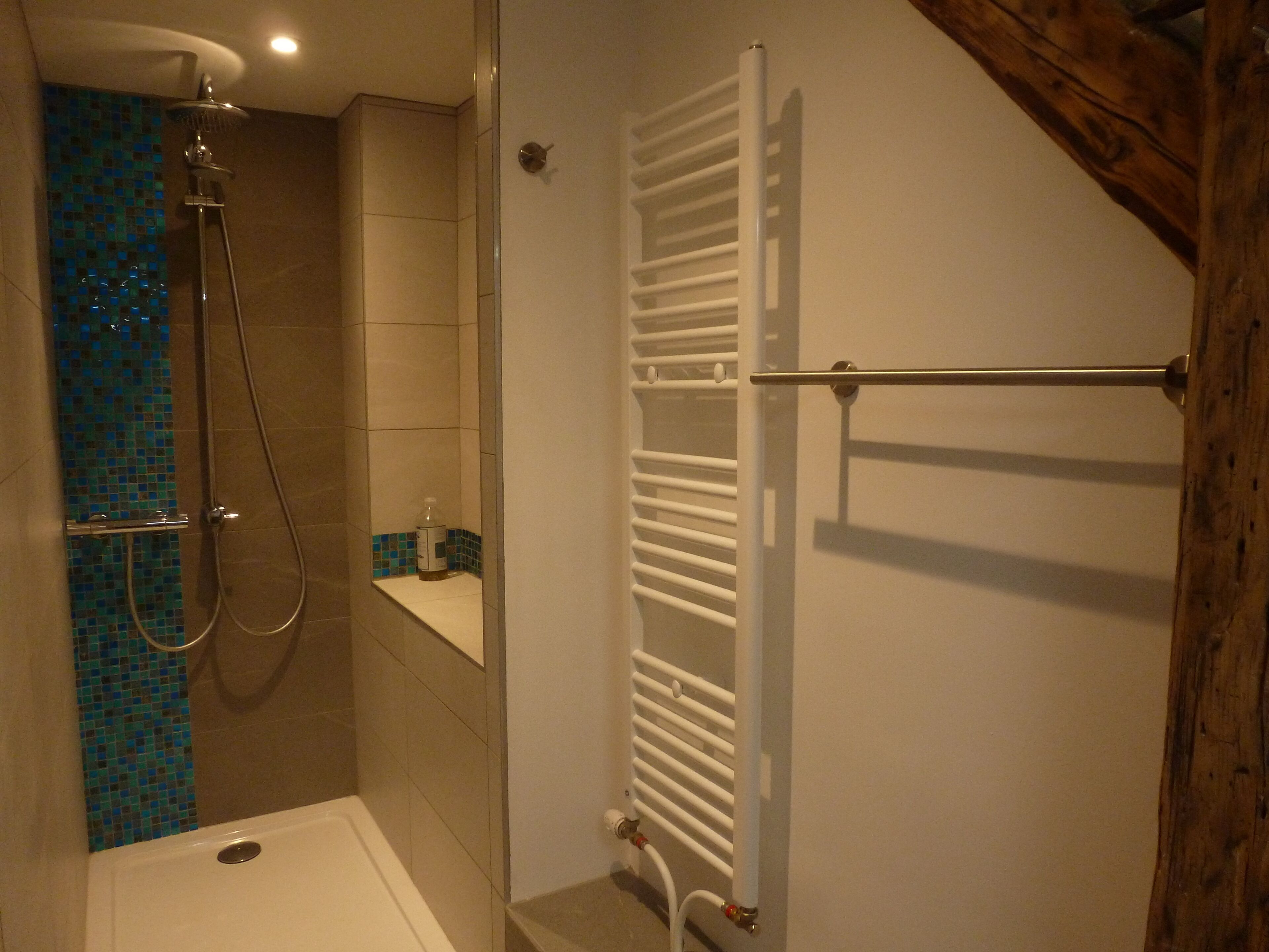 Eine Dusche mit Glastür, eine weiße Badewanne und eine geflieste Wand mit blauem Mosaikmuster.