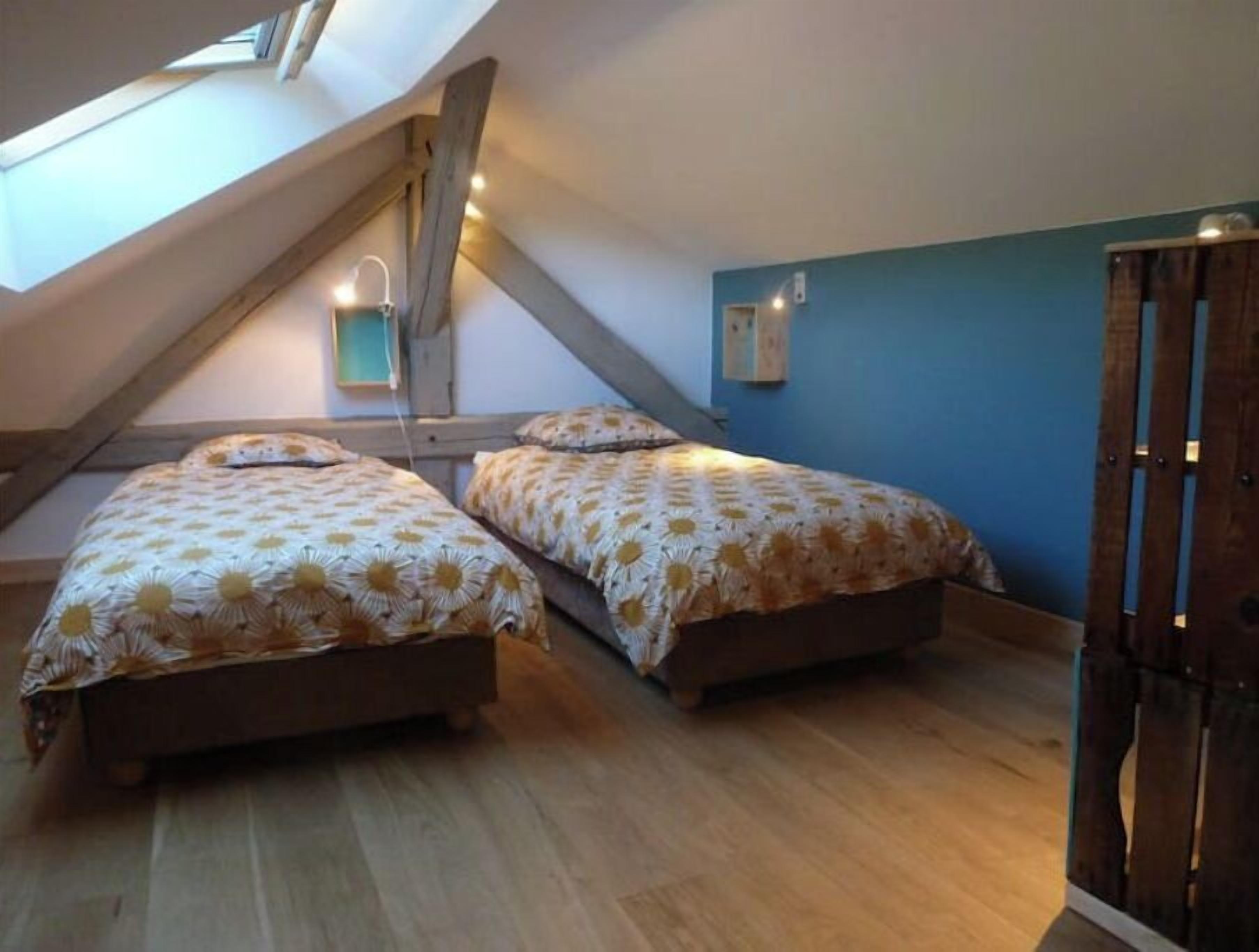 A room with two beds, wooden flooring, a sloped ceiling with a skylight, and a blue wall.