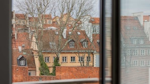 A view of a building with a brick facade and multiple windows, viewed through a window with a metal frame.