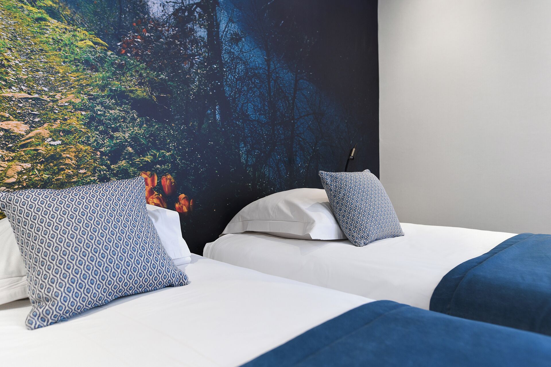 A hotel room with two beds, each with a patterned pillow and a white pillow.