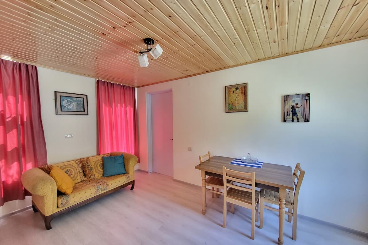A room with a wooden ceiling, a sofa, a dining table with chairs, and two framed pictures on the wall.