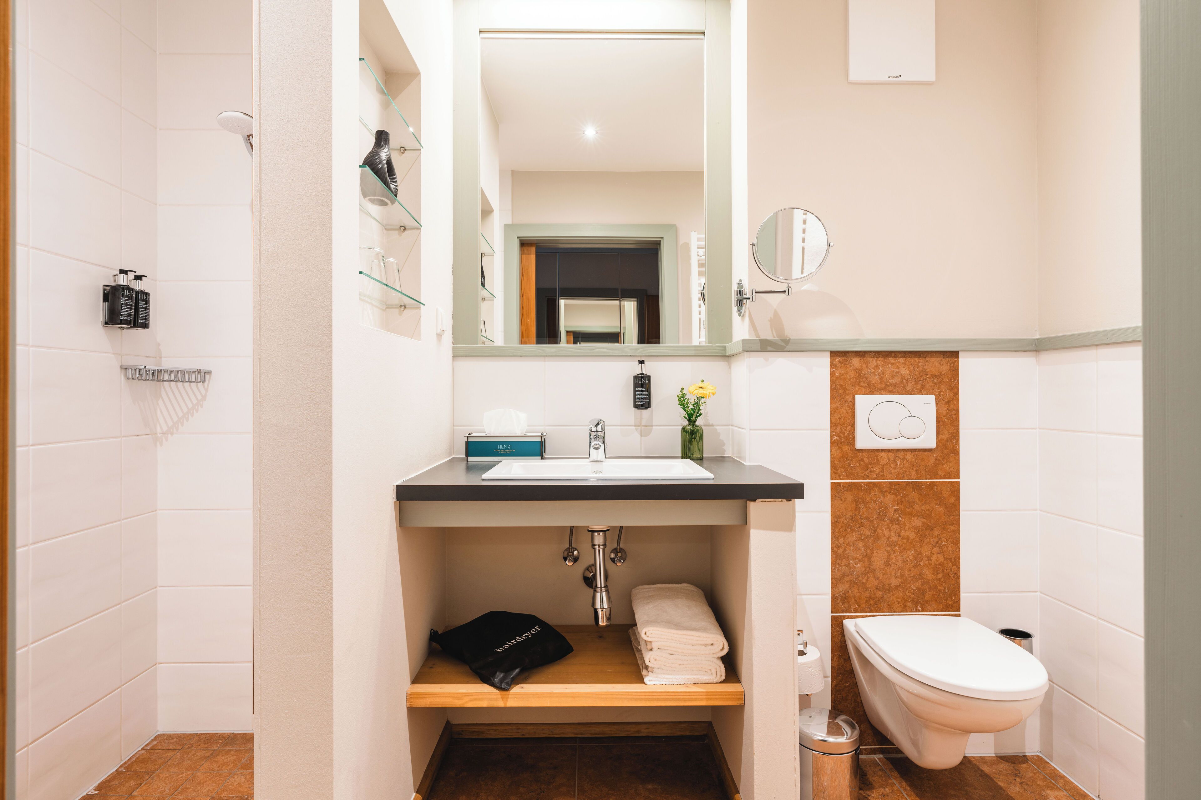 A modern bathroom with a white sink, a mirror above it, a toilet, and a shower area.