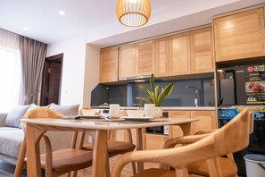 Family Apartment, Balcony, City View | Private kitchen | Fridge, microwave, stovetop, rice cooker - Ruby Luxury Apartment Van Phuc (Hanoi)