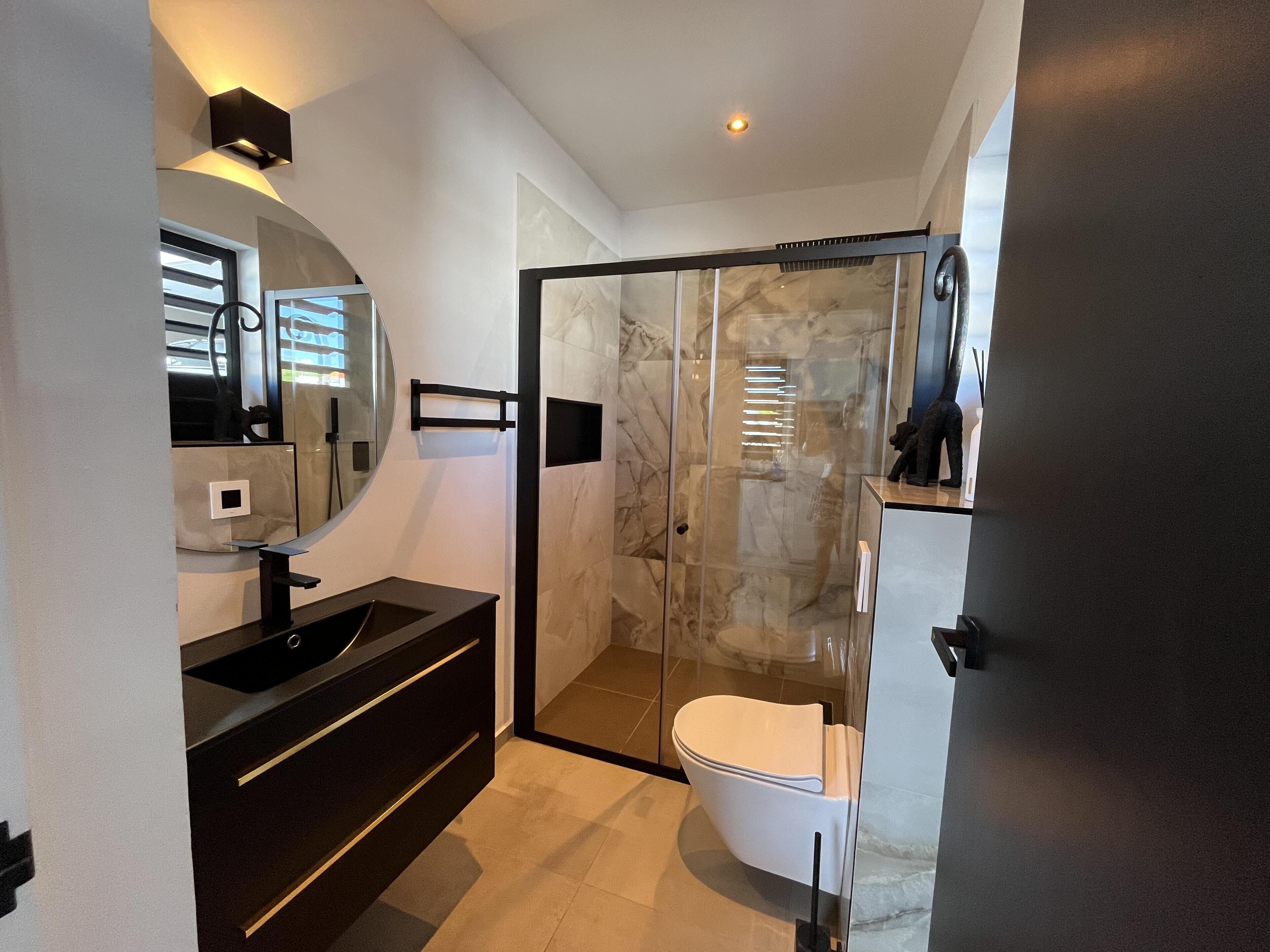 Un baño moderno con cabina de ducha de vidrio, inodoro blanco y tocador oscuro con espejo.