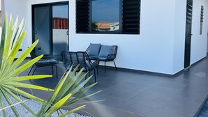 A modern outdoor seating area with a table and chairs, a potted plant, and a view of a building through the window.