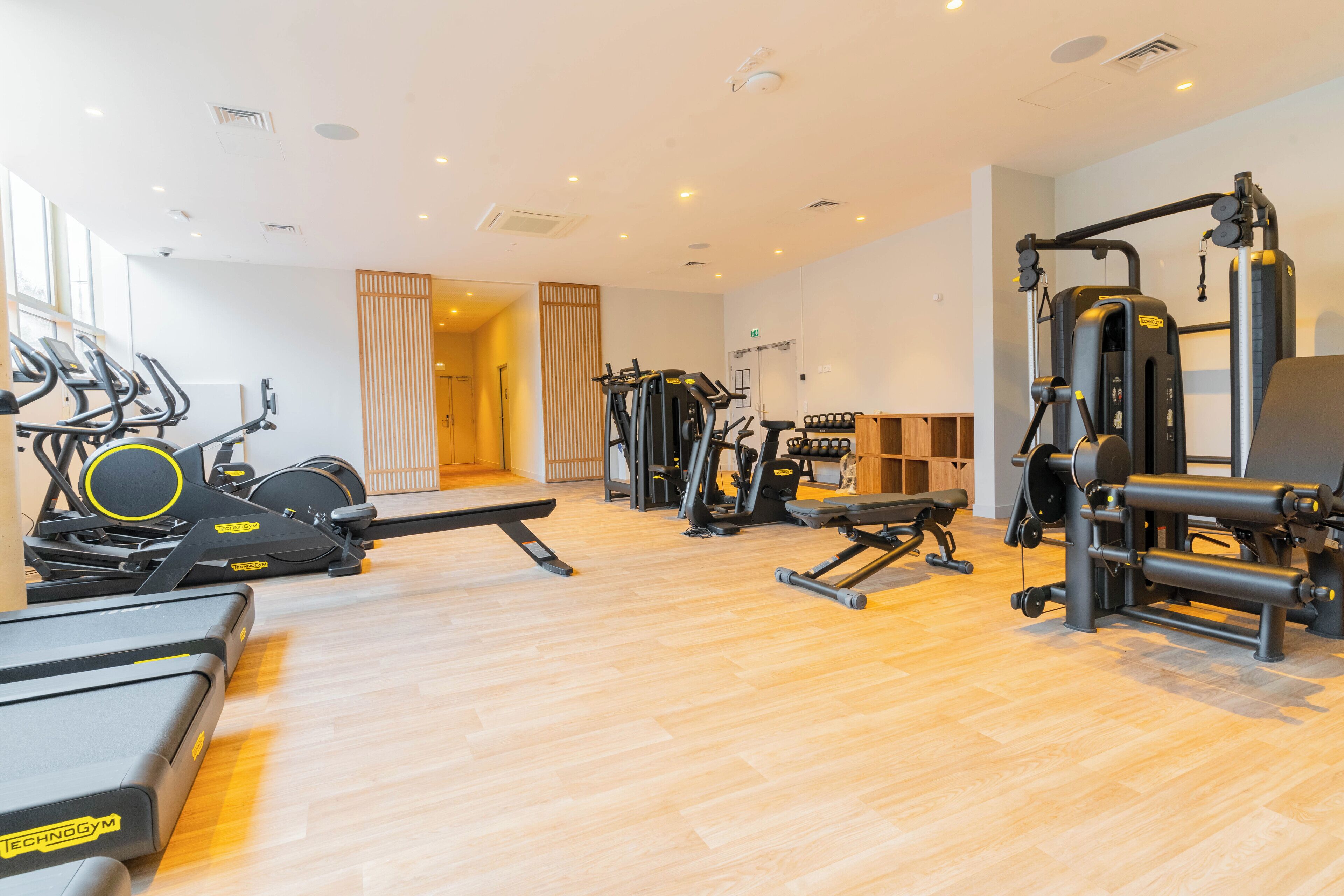 A gym with treadmills, elliptical machines, and weightlifting equipment.