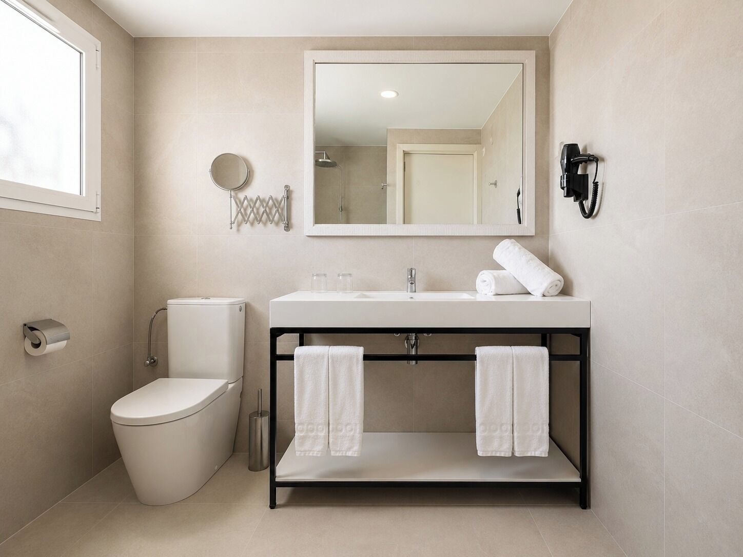 A modern bathroom with a toilet, bidet, sink, and a towel rack.