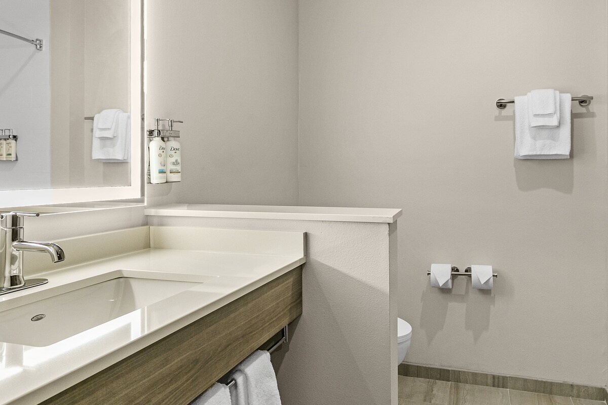 Une salle de bain comprenant un lavabo, un miroir, un porte-serviettes, des toilettes et un espace douche.