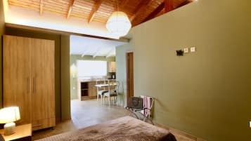 Un dormitorio con cama, un armario de madera, un escritorio con silla y una kitchenette al fondo.