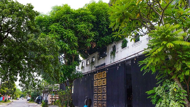 Une rue bordée d’arbres et un bâtiment doté d’un portail noir et d’une grande porte décorative.