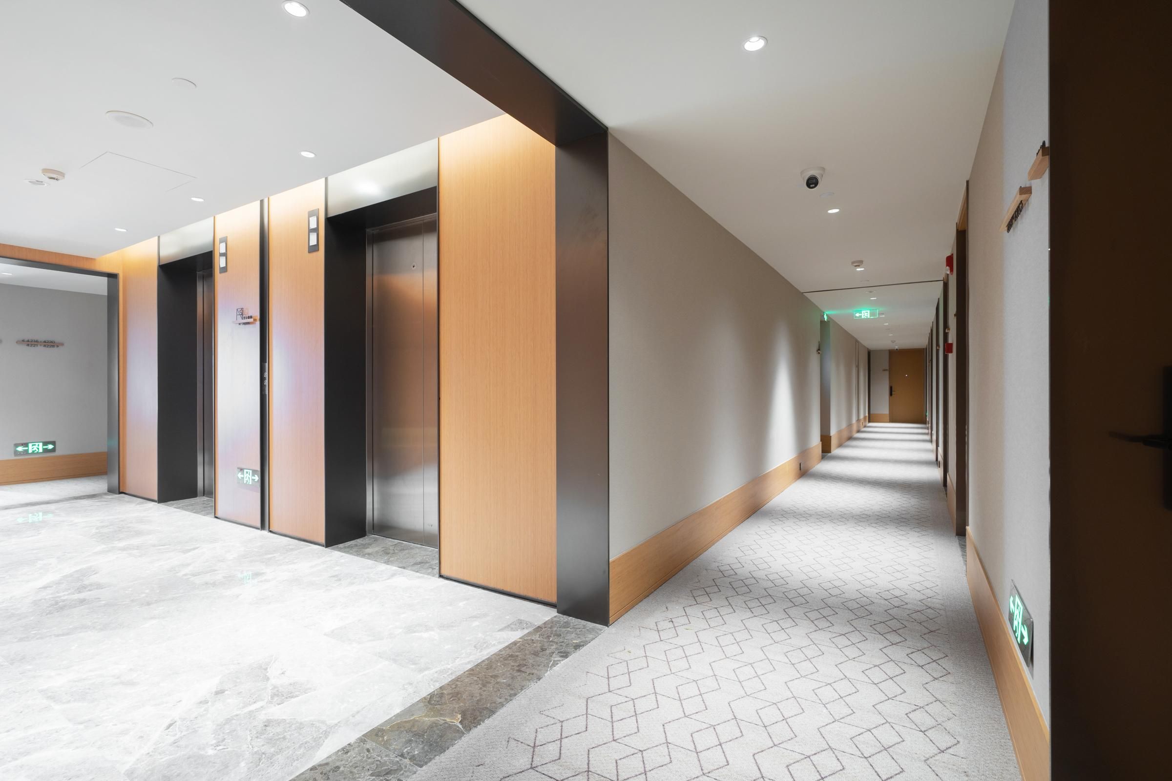 A modern hallway with elevators, a patterned carpet, and a clean, minimalist design.