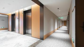 A modern hallway with elevators, a patterned carpet, and a clean, minimalist design.