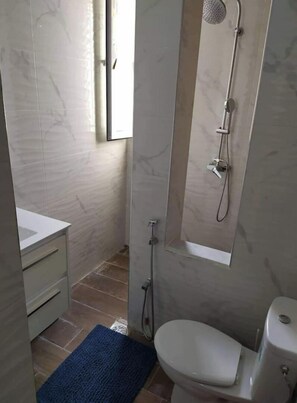 Bathroom features a sink, toilet, and shower area with handheld showerhead.