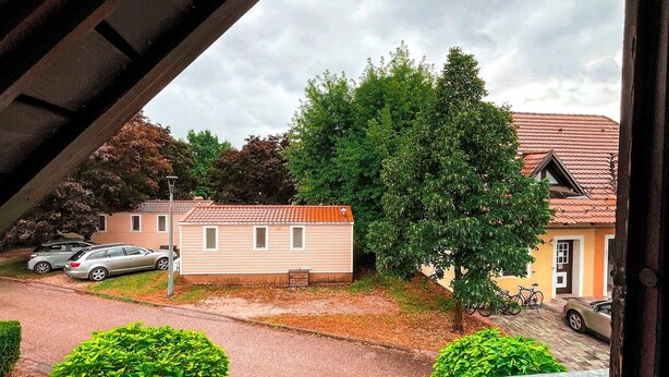 Vista desde una ventana sobre un barrio residencial con una casa, coches aparcados y un árbol.