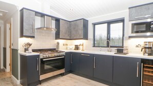 A modern kitchen with dark cabinetry, a stainless steel stove, and a large window. - Meadow Lodge (Lifton)