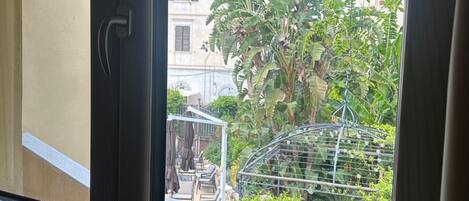 A window with a view of a balcony, a metal birdcage, and some greenery.
