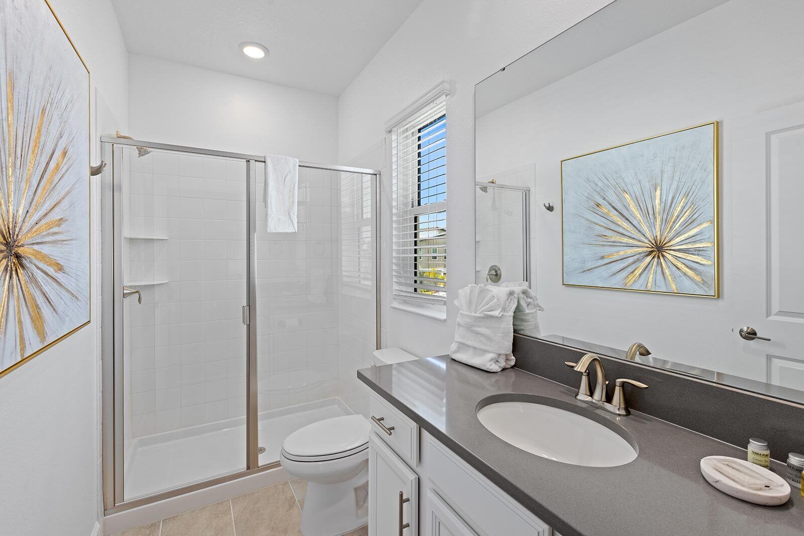 A modern bathroom with a glass shower enclosure, a white toilet, a vanity with a sink, and two framed artworks on the wall.