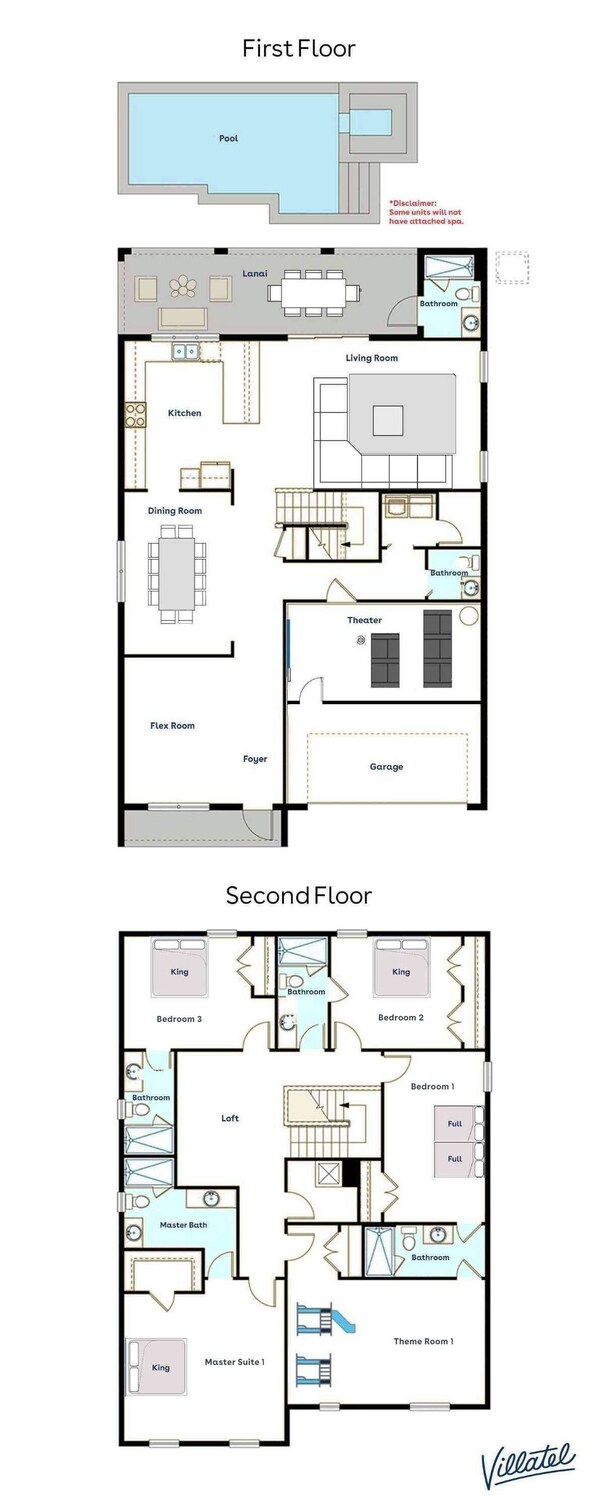 Plano de planta de un hotel que incluye piscina, terraza, cocina, comedor, sala de estar, sala de cine, espacio multifuncional, vestíbulo y garaje en la primera planta, además de tres dormitorios, suite principal, baño principal y sala temática en la segunda planta.