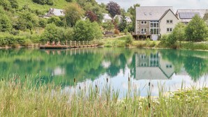 Un entorno tranquilo junto al lago, con un muelle de madera que se adentra en el agua, rodeado de exuberante vegetación y edificios residenciales.