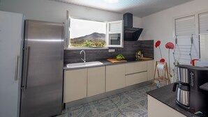 Una cocina moderna con un refrigerador de acero inoxidable, una ventana con vista a la montaña, un fregadero y una cafetera.
