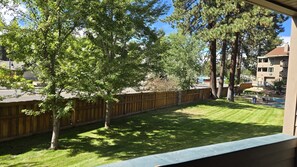 Un patio trasero con cerco de madera, césped y una zona de piscina con sillones de descanso.