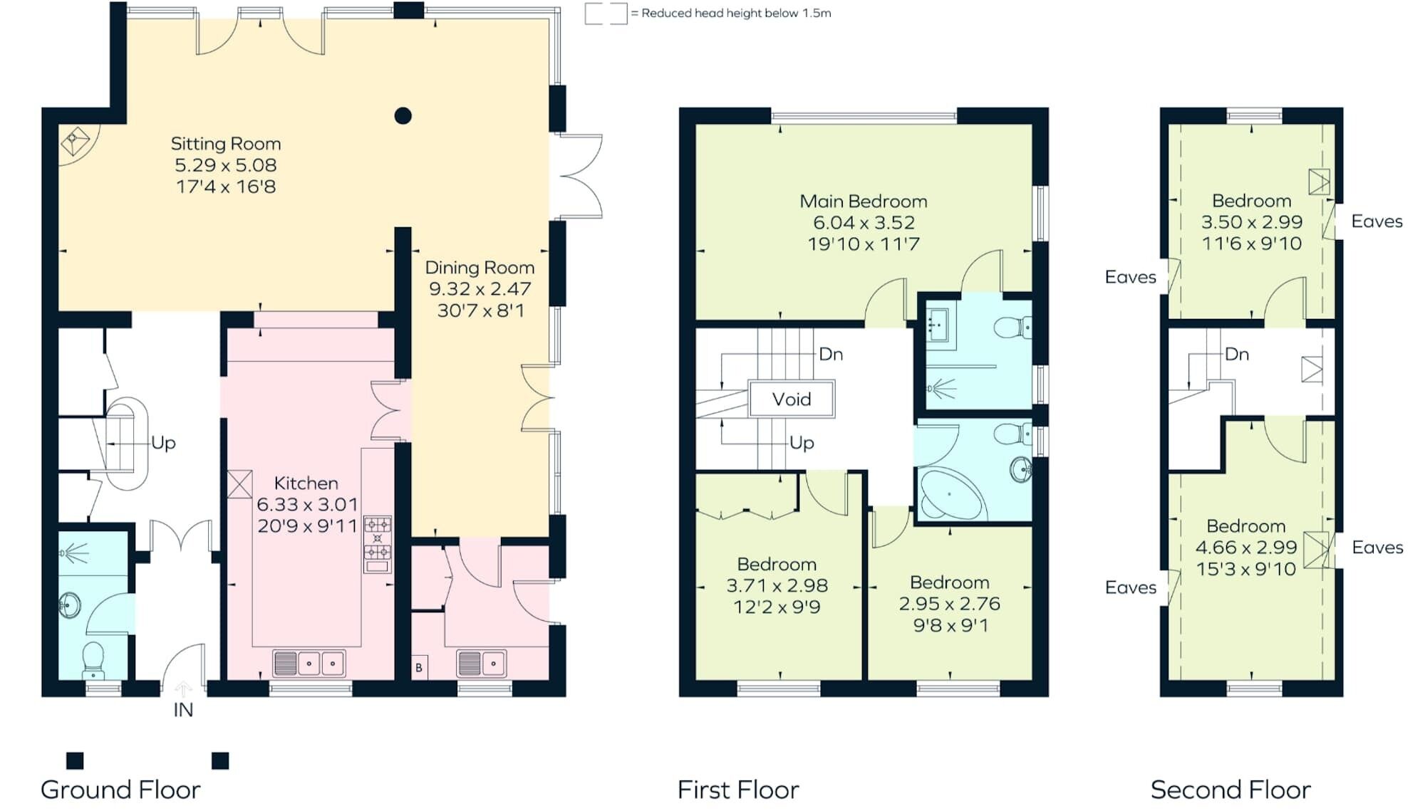 Distribución de un apartamento de tres plantas, con sala de estar, comedor, cocina y varios dormitorios.