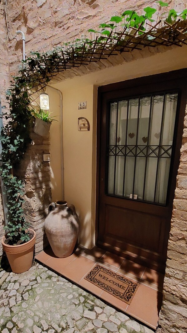 A stone wall with a door, a potted plant, and a large vase.