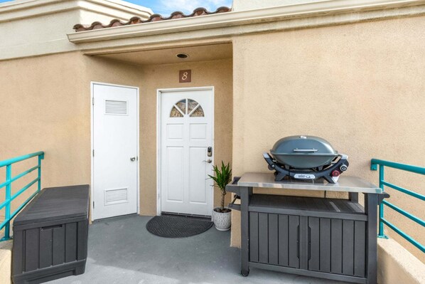A building entrance with two doors, a barbecue grill, and a small potted plant.