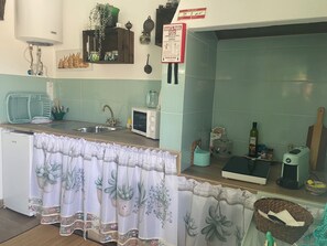 Una cocina con microondas, lavamanos y un cartel que indica un calentador de agua.