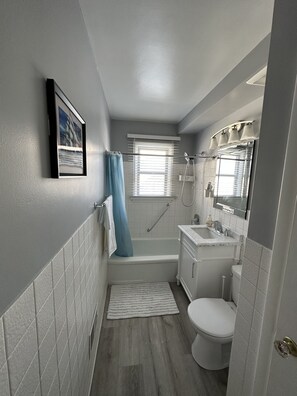 Hair dryer, towels, soap, shampoo