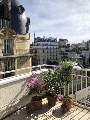 A balcony with potted plants and a view of Parisian buildings.