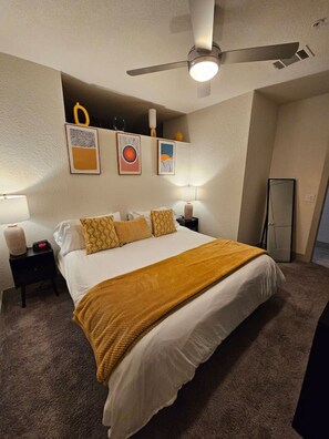 1 bedroom, desk, iron/ironing board, travel cot