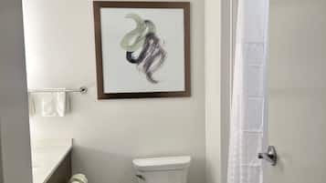 Hair dryer, towels, soap, shampoo