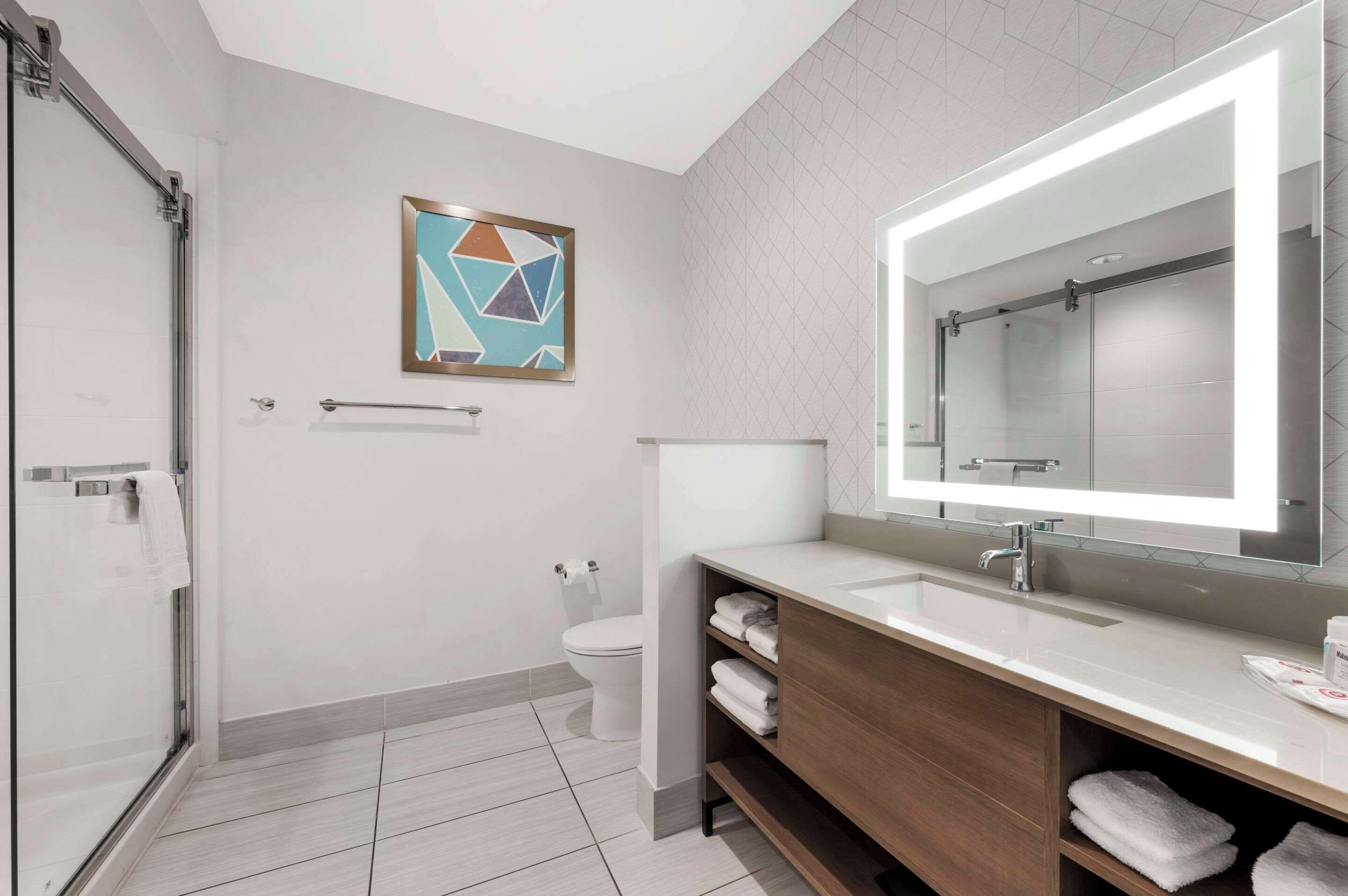 A modern bathroom with a glass shower enclosure, a toilet, a large mirror, and a vanity with a sink.