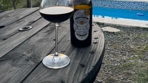 Een fles wijn en een glas op een houten tafel, met een zwembad op de achtergrond.