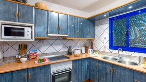 Een keuken met blauwe kastjes, een magnetron, een fornuis, een spoelbak en een raam met blauwe rand.