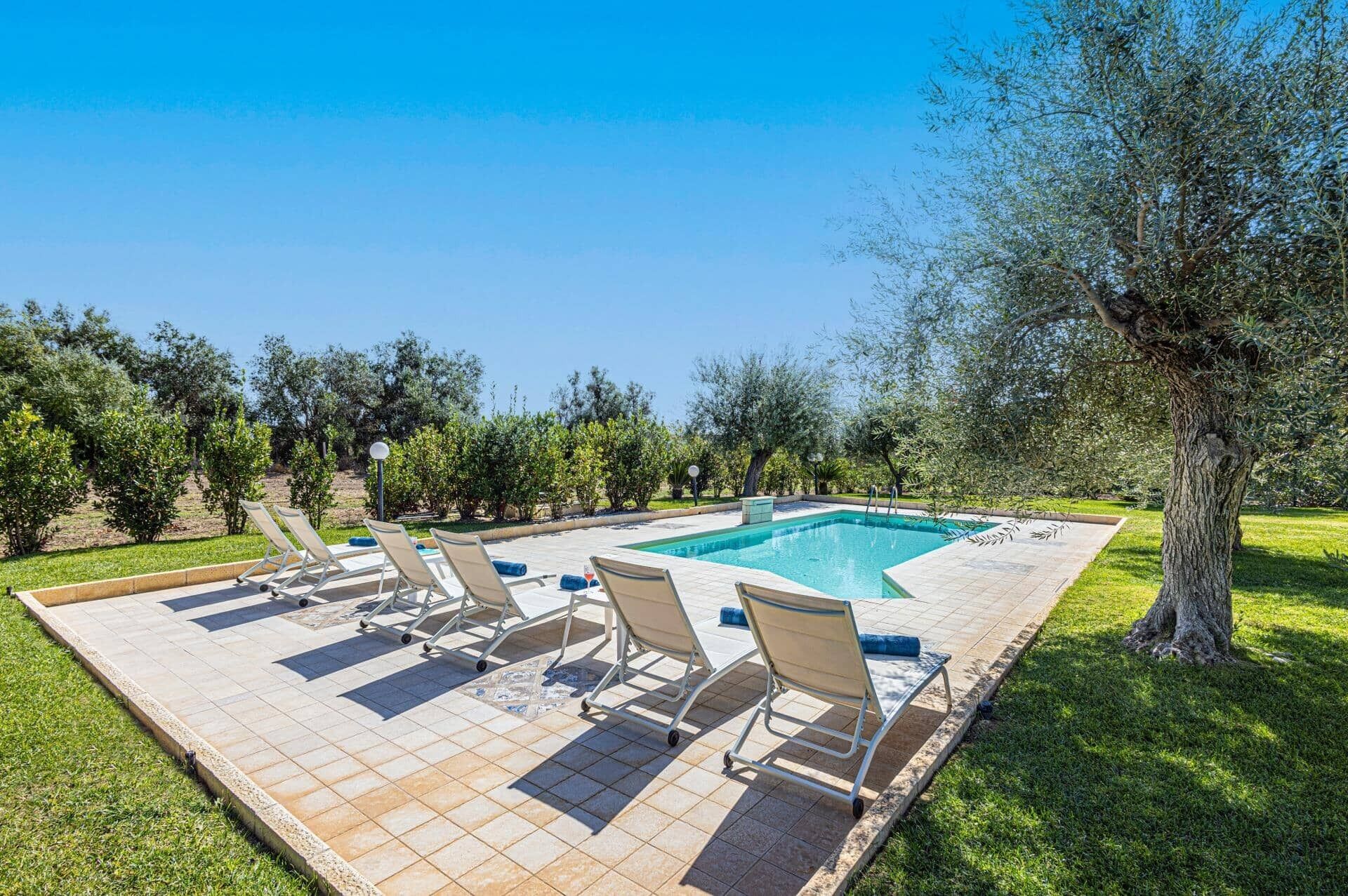 Une piscine rectangulaire avec une terrasse carrelée, entourée de chaises longues et d’un arbre.