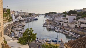A harbor with boats docked along the waterfront, surrounded by buildings and a stone wall.