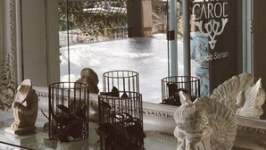 Una vitrina amb objectes decoratius, un cartell que diu "CAROL Espacio Serrano" i una vista d'un parc amb una estàtua i arbres.