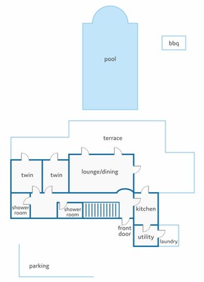 A floor plan with a pool, terrace, twin shower rooms, a lounge/dining area, kitchen, utility, laundry, and parking. - Villa Marino by Villa Plus (Santañy)