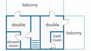 Grundriss mit Balkon, zwei Doppelzimmern, einem Duschraum und einem Badezimmer.