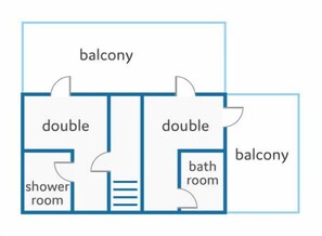 A floor plan with a balcony, two doubles, a shower room, and a bathroom room. - Villa Marino by Villa Plus (Santañy)