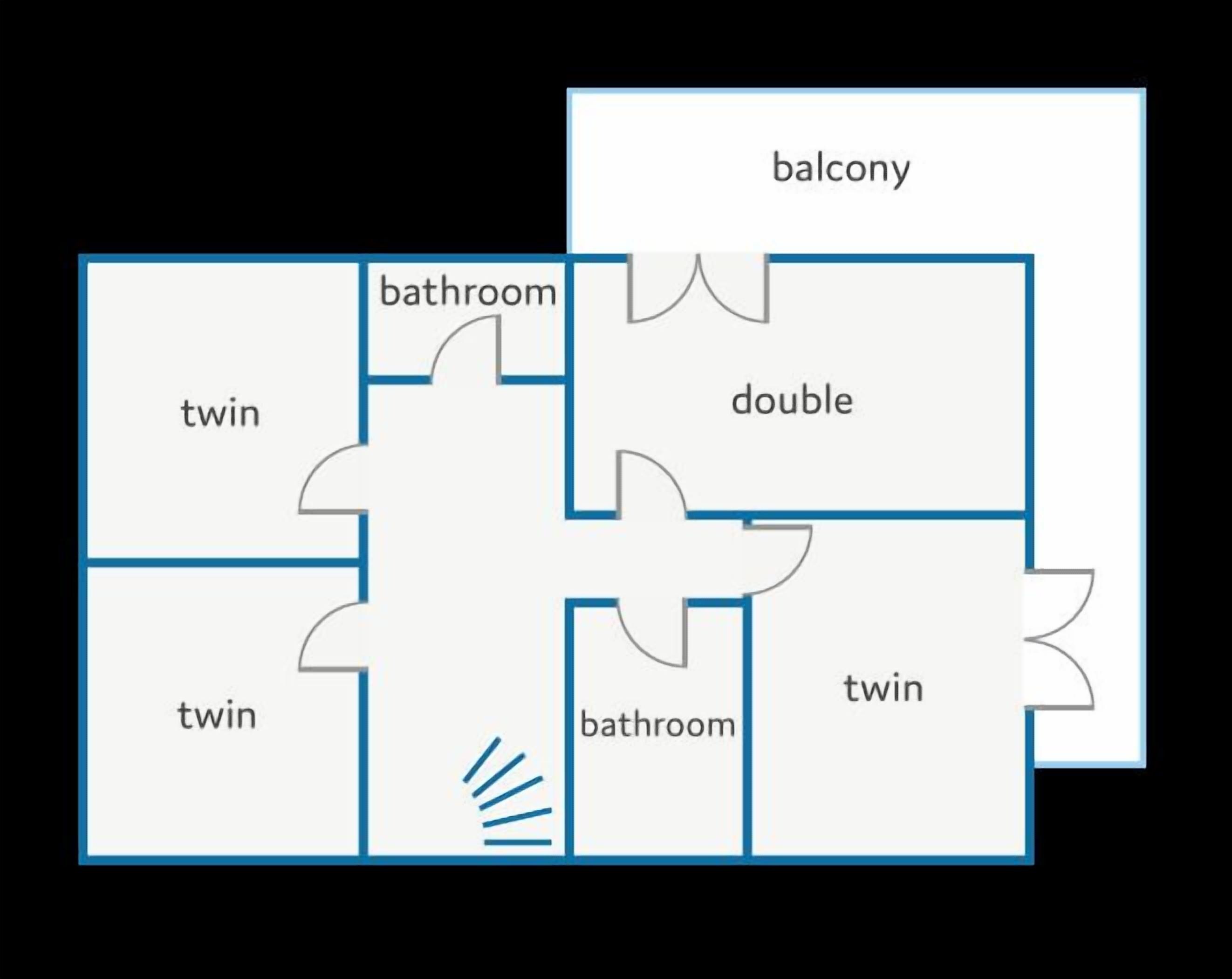Un plan d’étage comprenant quatre chambres à deux lits, deux salles de bain, une chambre avec un grand lit et un balcon.