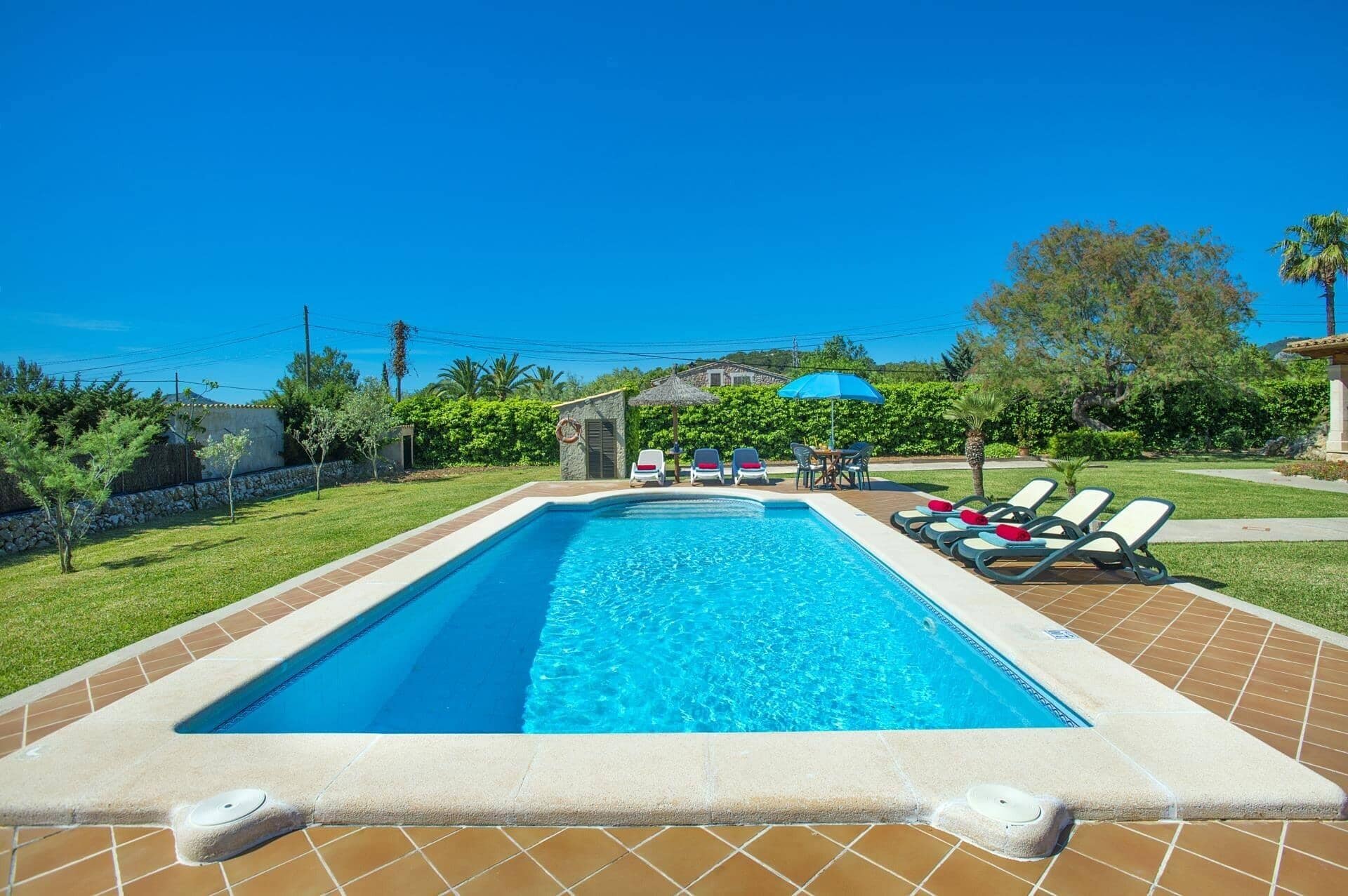 A rectangular swimming pool with a tiled edge, surrounded by a grassy area and a few trees. There are lounge chairs and a small table with a blue umbrella.